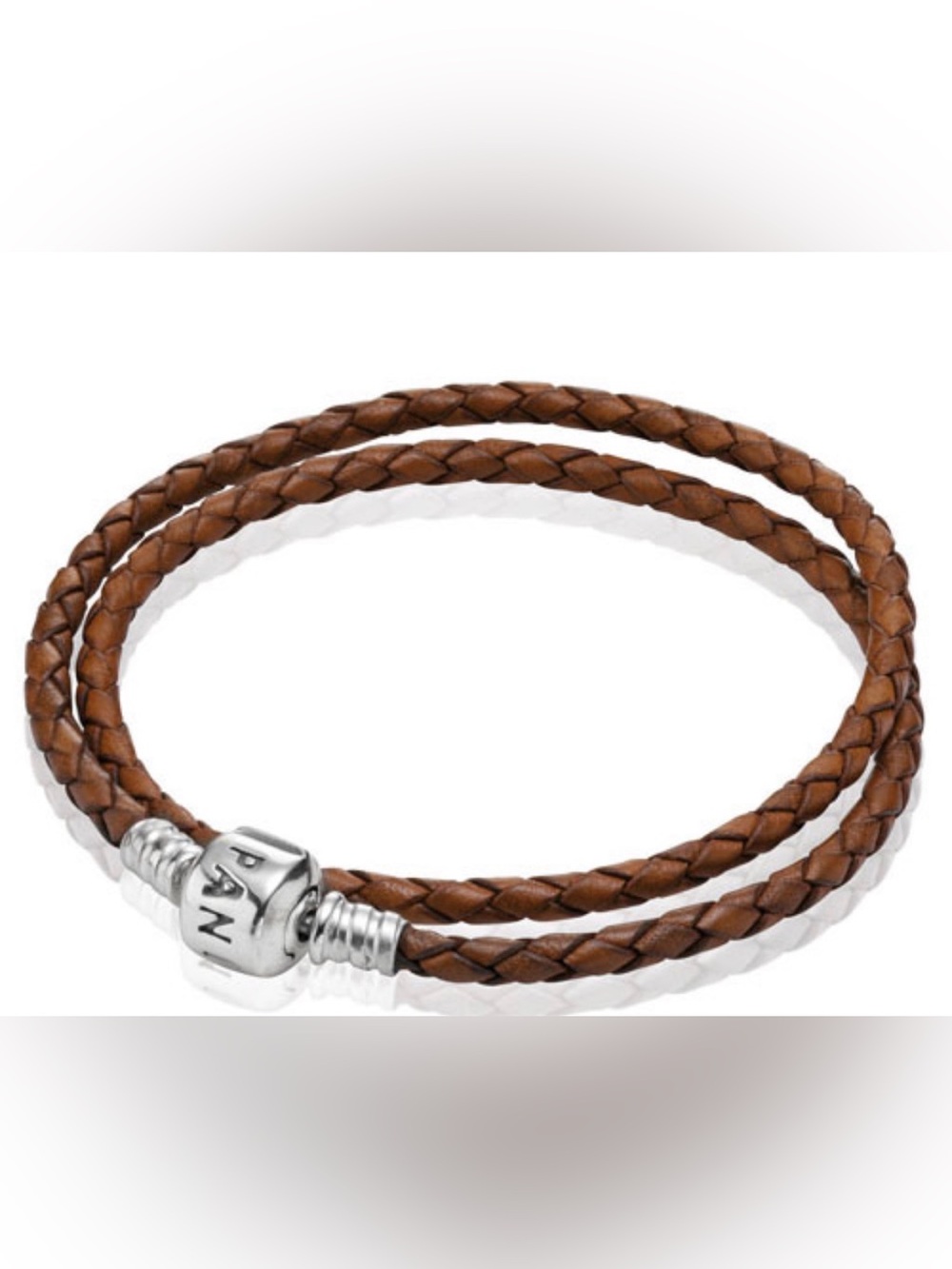 Pandora Brown Braided Leather Double Wrap Bracelet with Silver Clasp